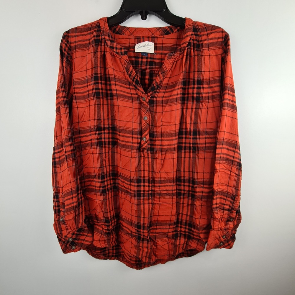 Universal Thread Womens Burnt Orange Plaid Henley Blouse Long Sleeve Rayon Small